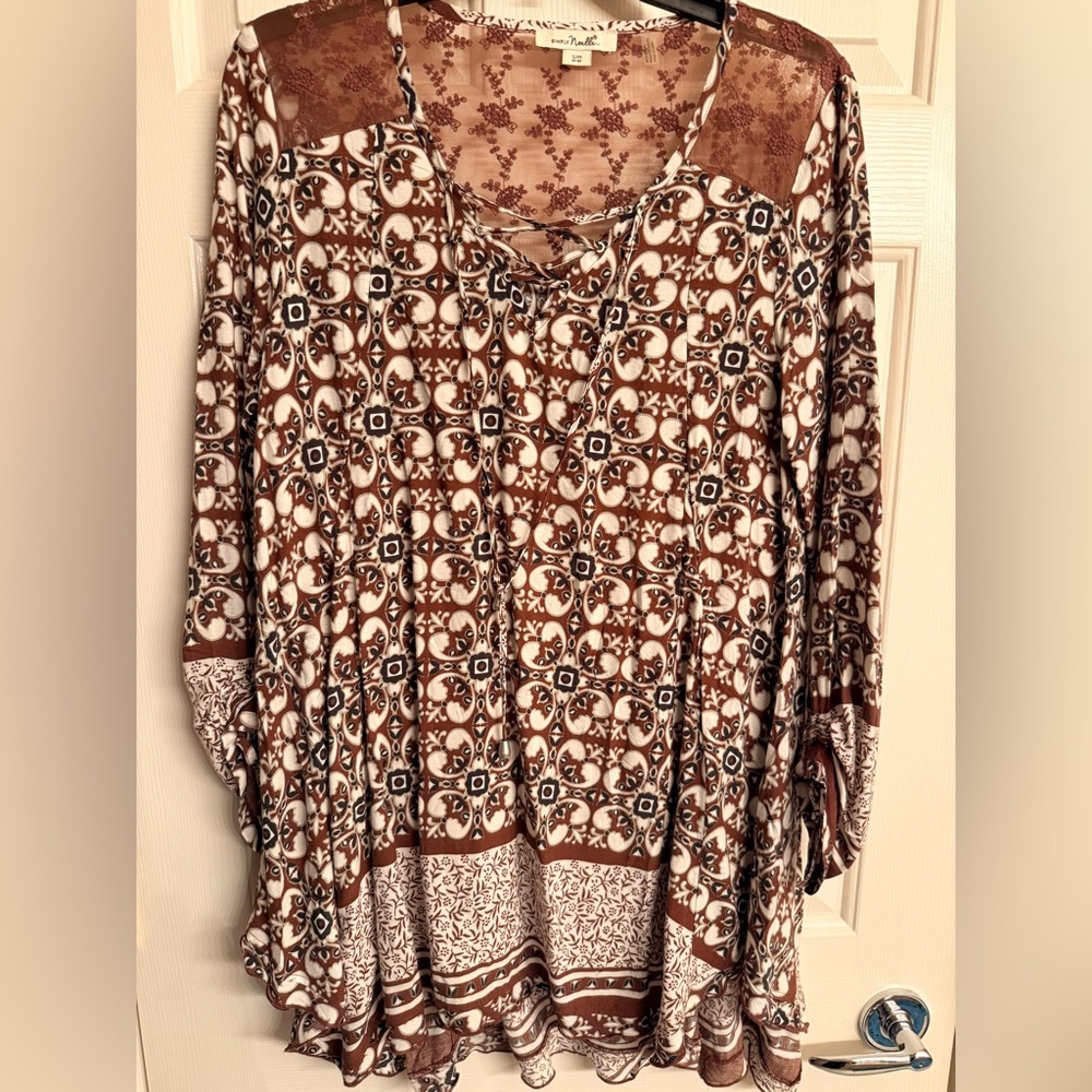 Simply Noelle Brown and White Boho Print Lace-Up Blouse